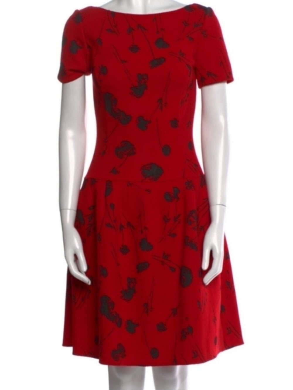 Oscar De La Renta Crimson Red With Black Print Short Sleeve Wool A Line Dress